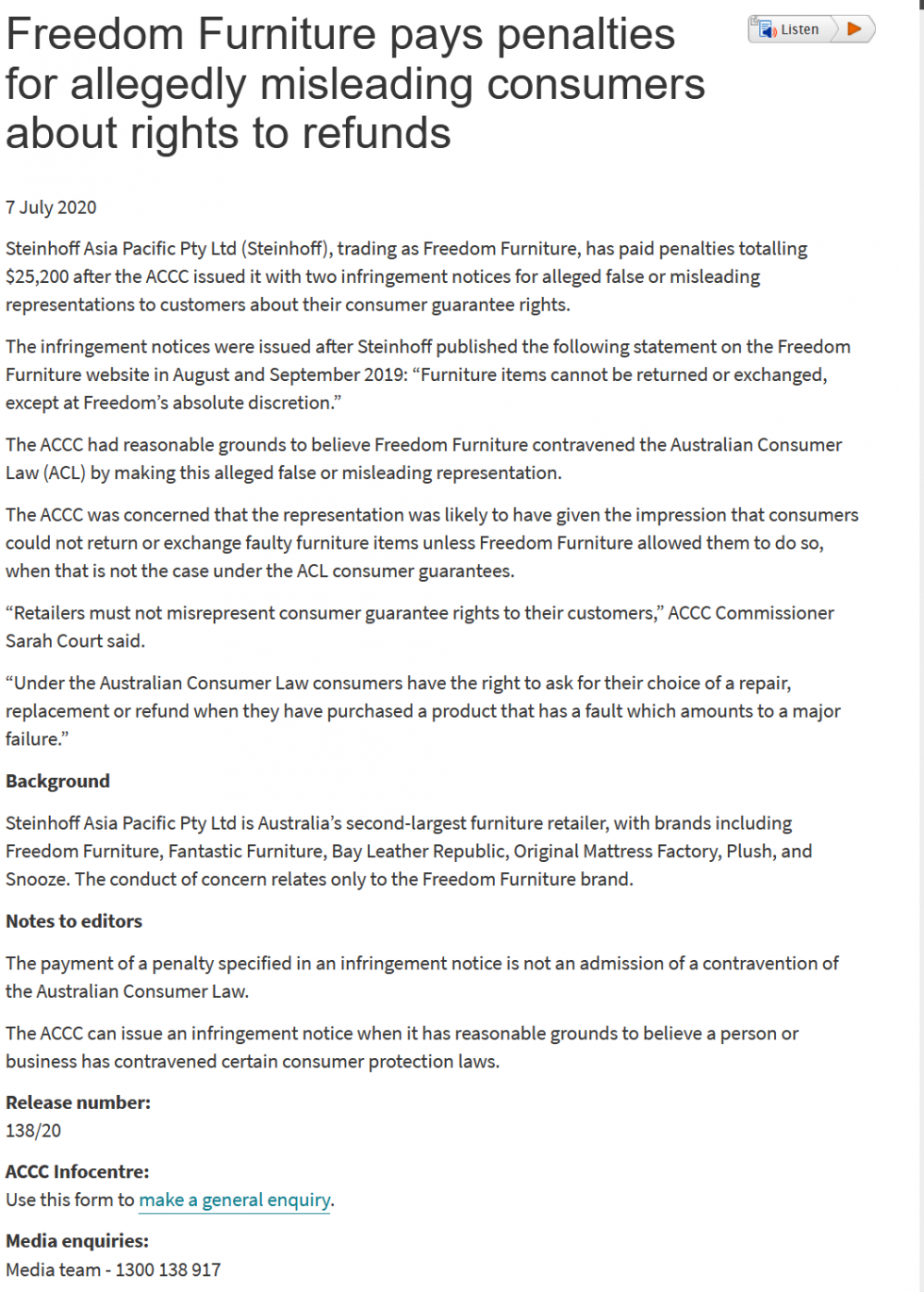 Freedom Furniture pays penalties for allegedly misleading consumers